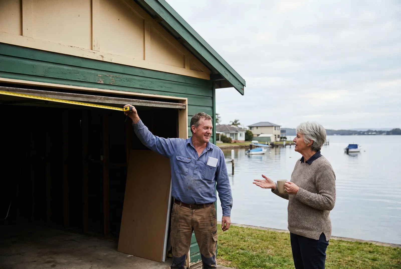 A technician measuring a garage opening with a tape measure while the homeowner watches
