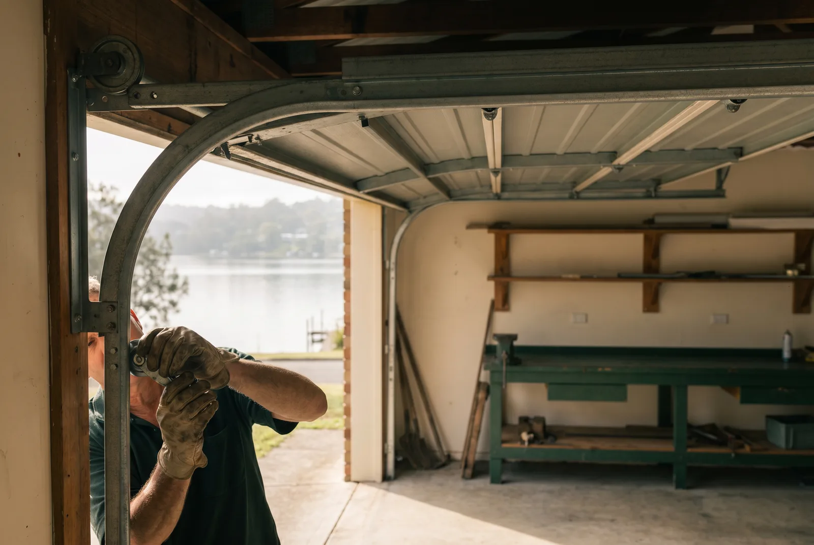 Gloved hands adjusting a roller in the curved track of a sectional garage door